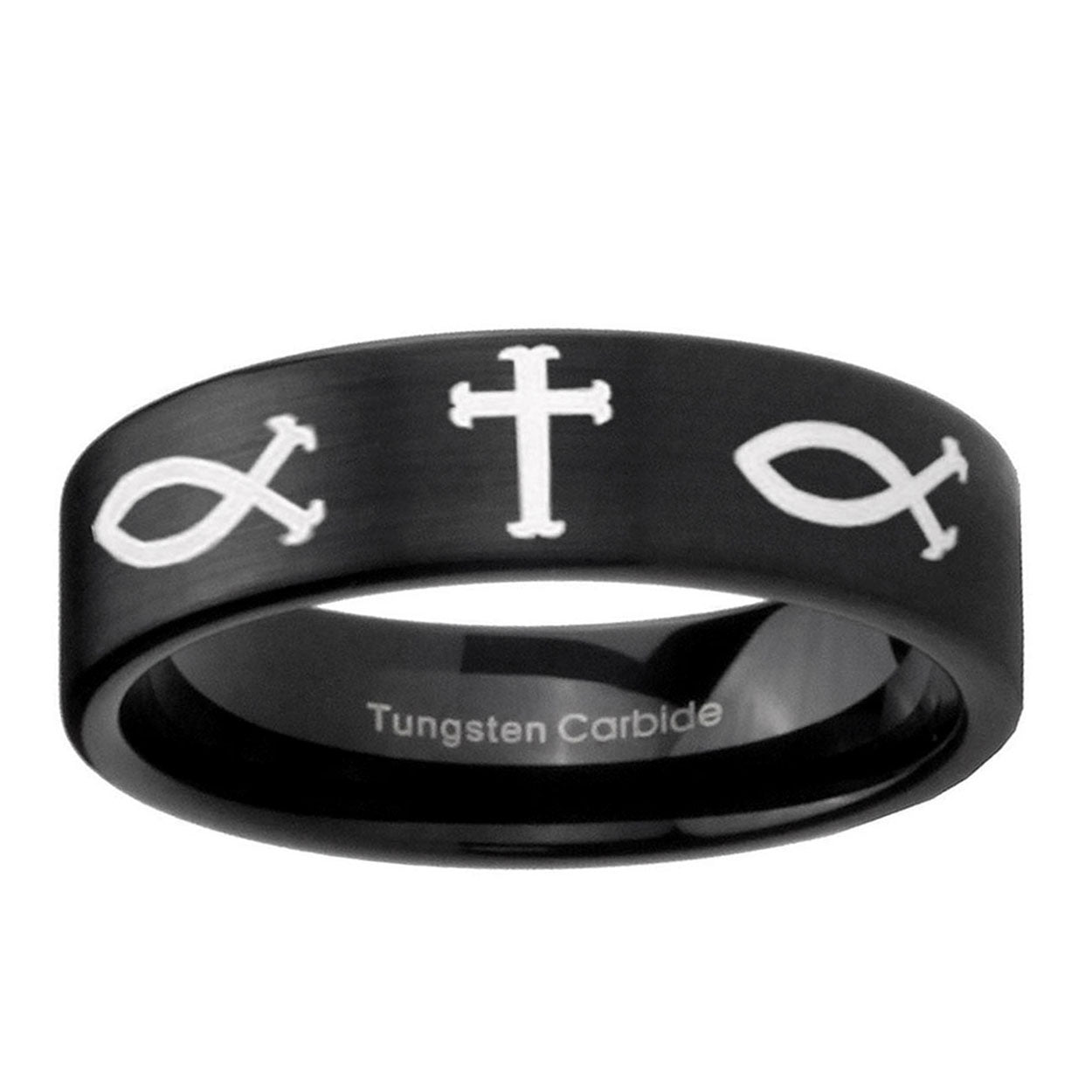 6mm Fish & Cross Pipe Cut Brush Black Tungsten Mens Ring