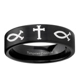 6, 8mm Fish & Cross Pipe Cut Brush Black Tungsten Ring