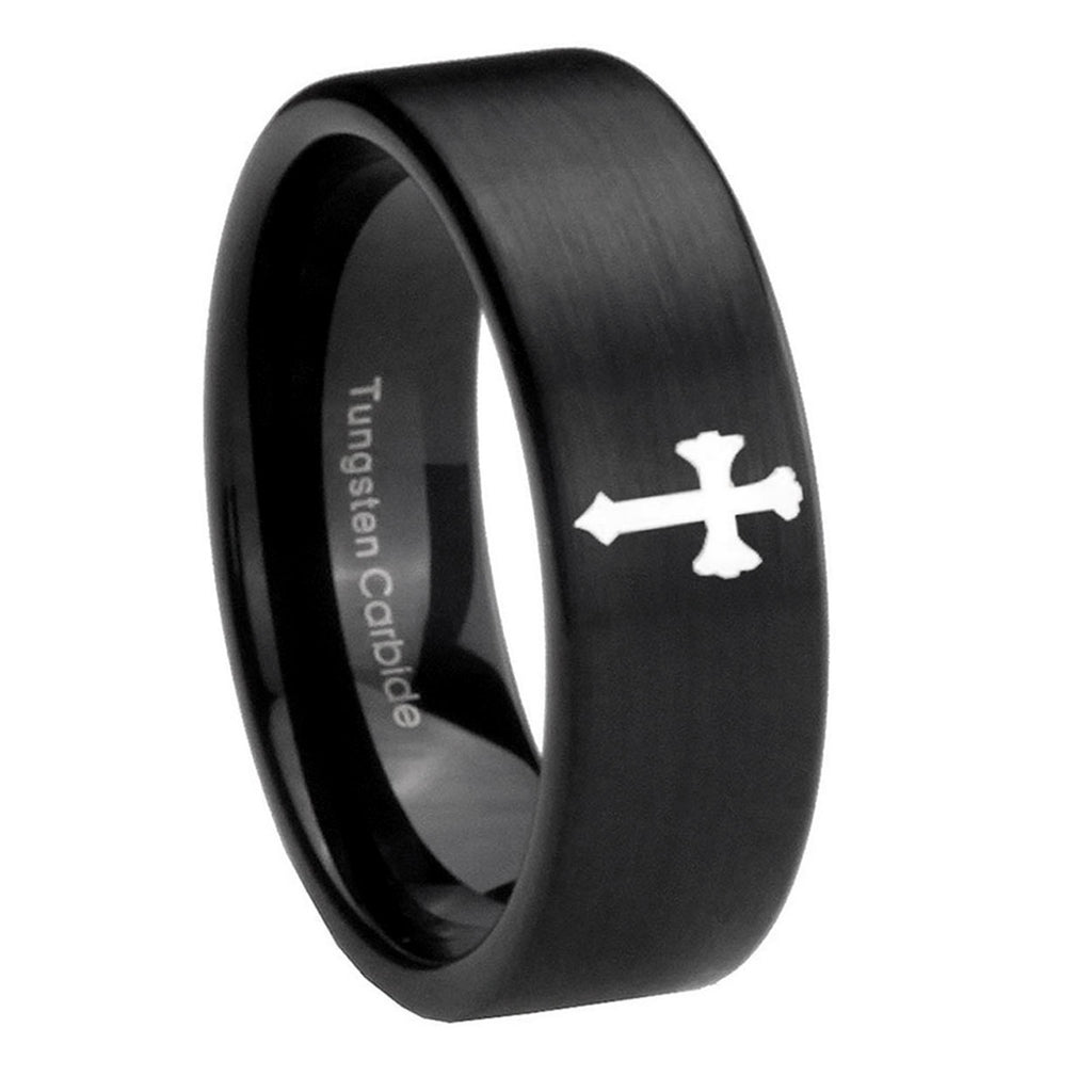 8mm Flat Christian Cross Pipe Cut Brush Black Tungsten Ring