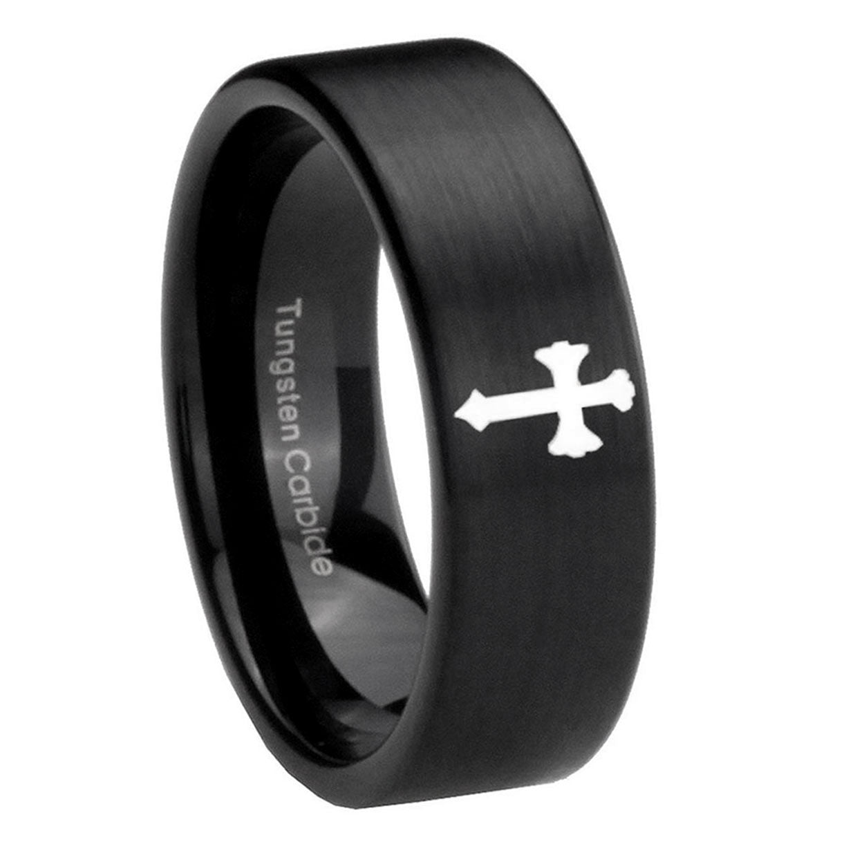 8mm Flat Christian Cross Pipe Cut Brush Black Tungsten Ring