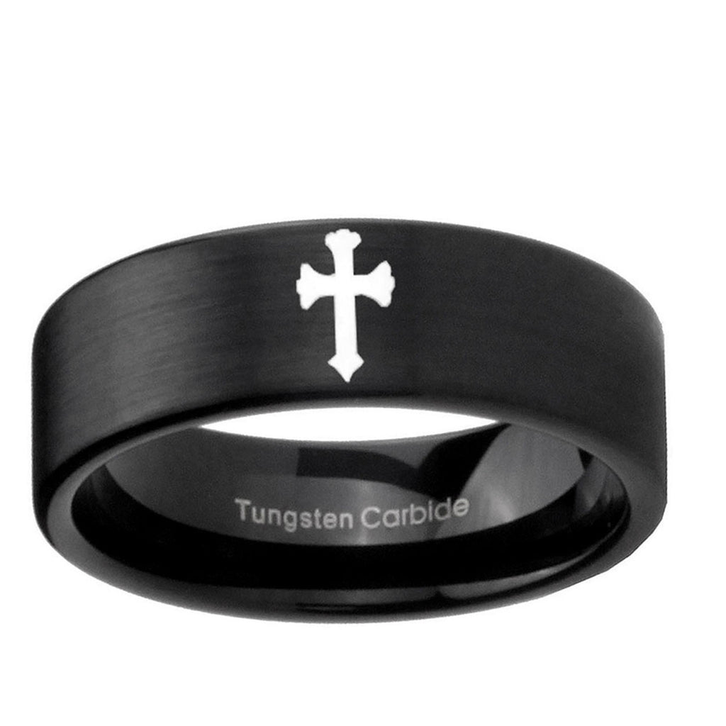 6mm Flat Christian Cross Pipe Cut Brush Black Tungsten Ring