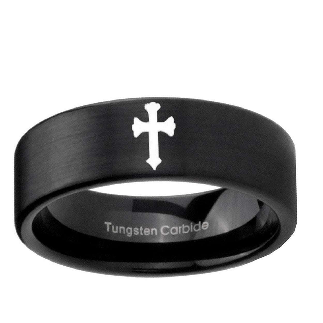 6mm Flat Christian Cross Pipe Cut Brush Black Tungsten Ring