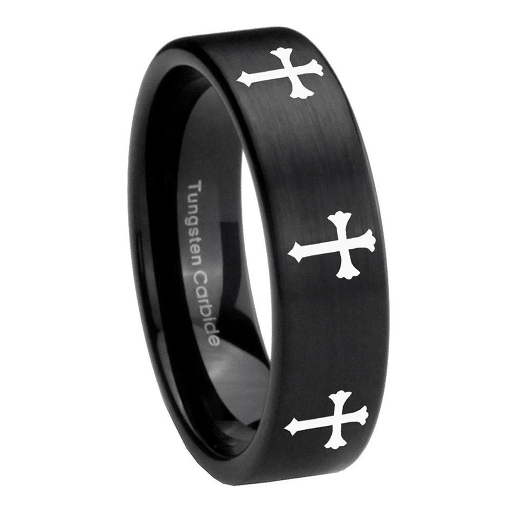 8mm Multiple Christian Cross Pipe Cut Black Tungsten Ring