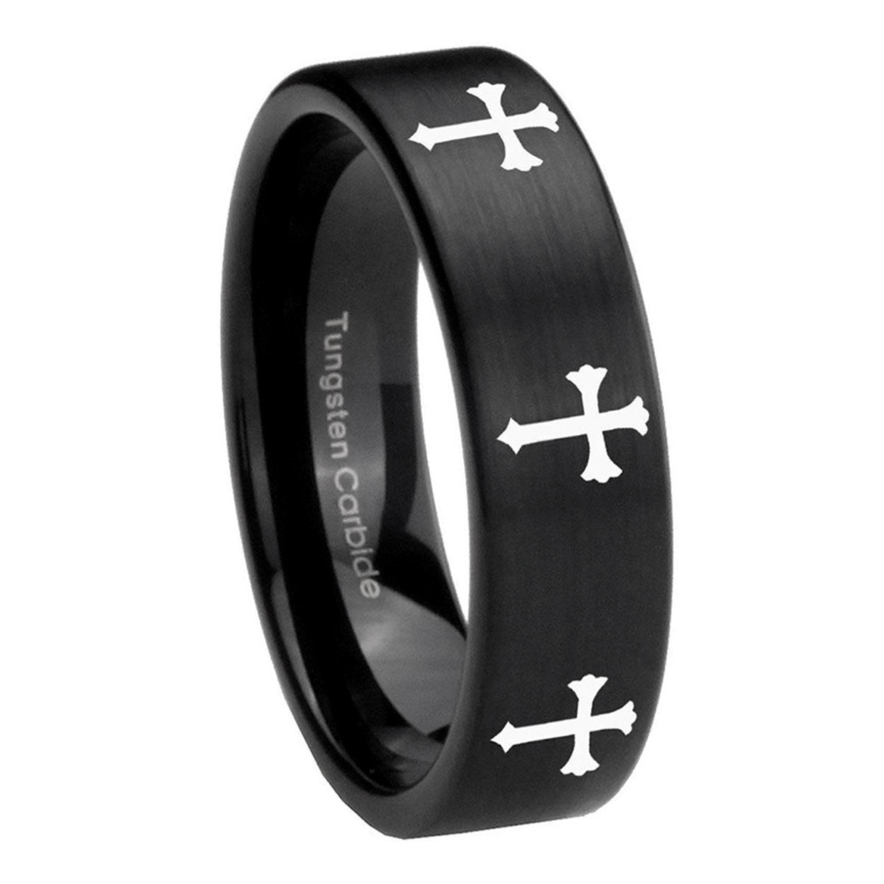 8mm Multiple Christian Cross Pipe Cut Black Tungsten Ring