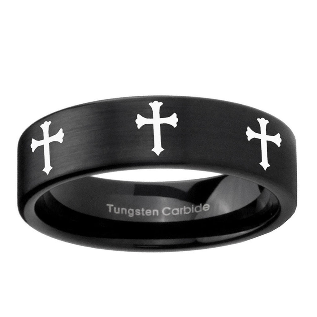 6mm Multiple Christian Cross Pipe Cut Black Tungsten Ring