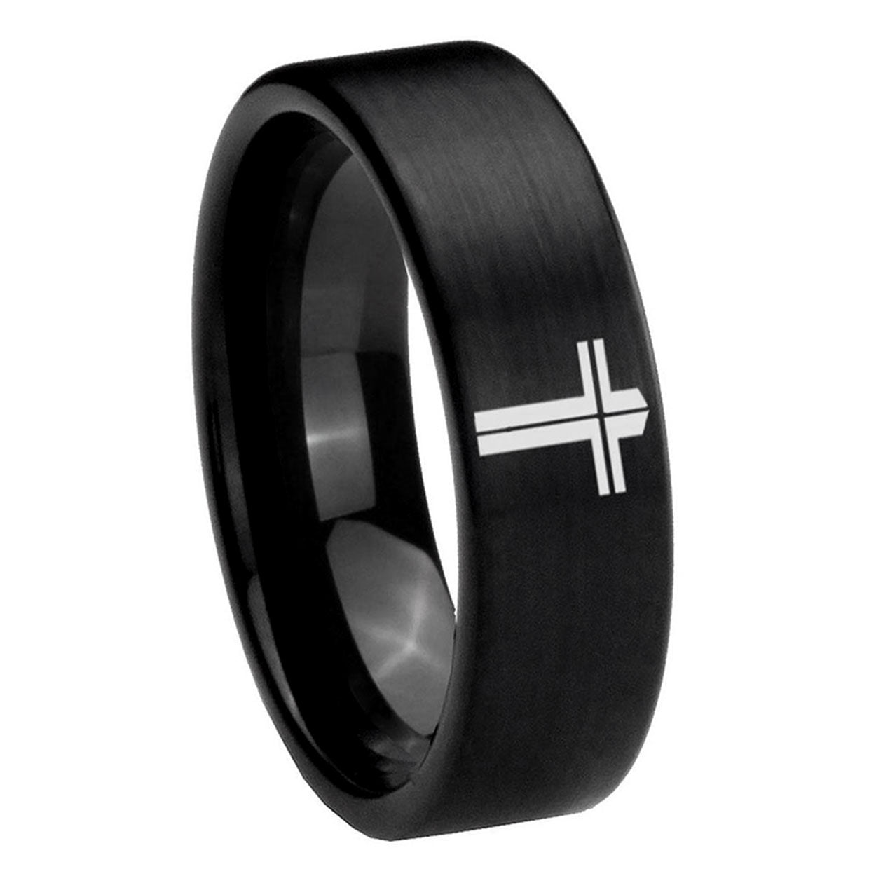 8mm Flat Christian Cross Pipe Cut Brush Black Tungsten Ring
