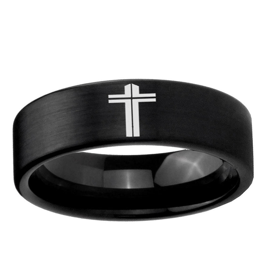 6mm Flat Christian Cross Pipe Cut Brush Black Tungsten Ring