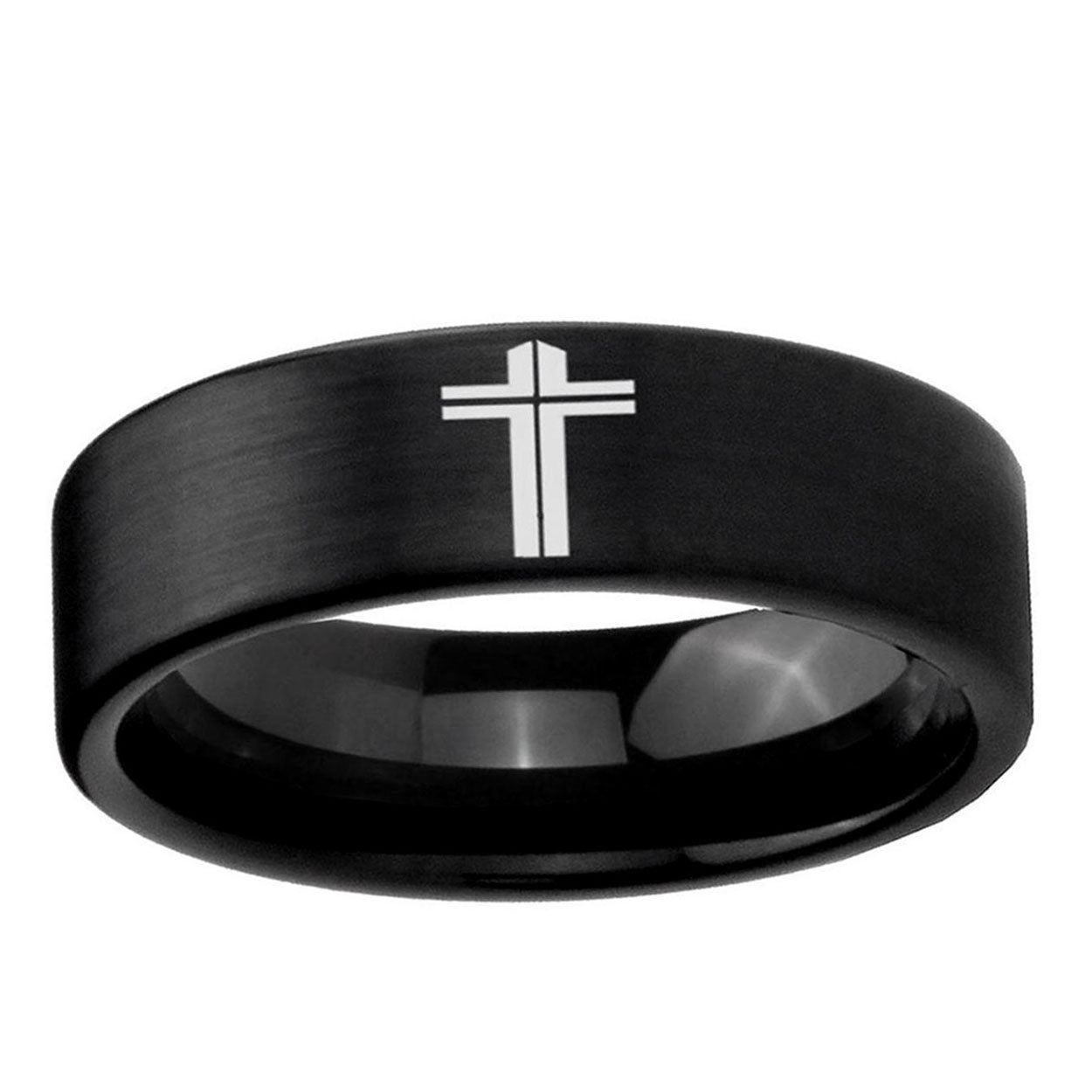 6mm Flat Christian Cross Pipe Cut Brush Black Tungsten Ring