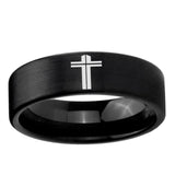 6, 8mm Flat Christian Cross Pipe Cut Brush Black Tungsten Ring