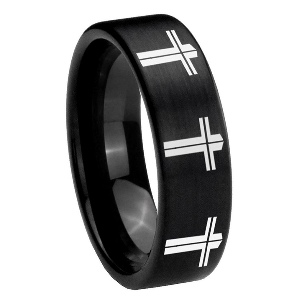 8mm Multiple Christian Cross Pipe Cut Black Tungsten Ring