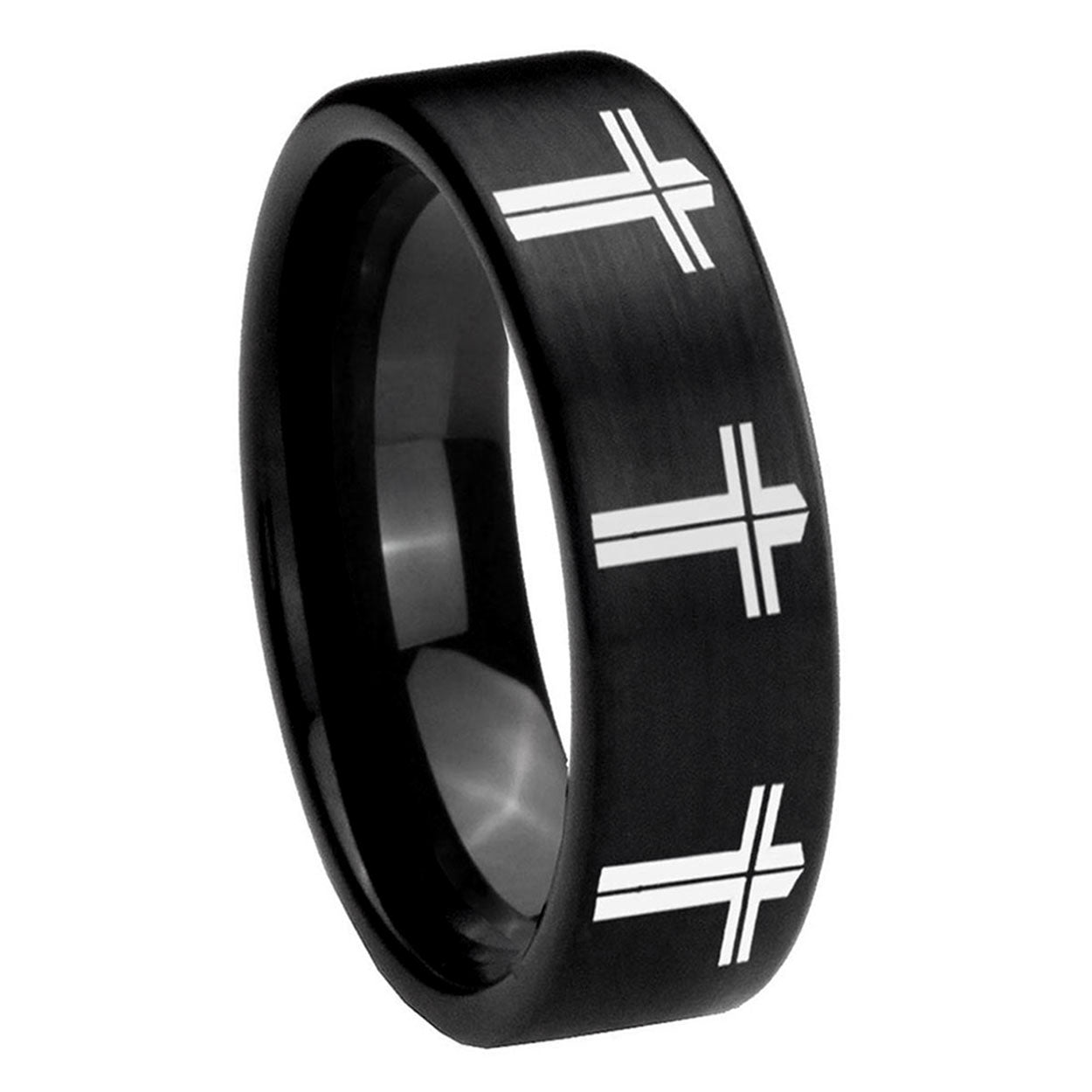 8mm Multiple Christian Cross Pipe Cut Black Tungsten Ring