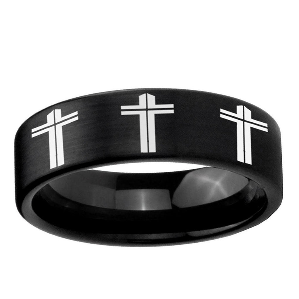 6mm Multiple Christian Cross Pipe Cut Black Tungsten Ring