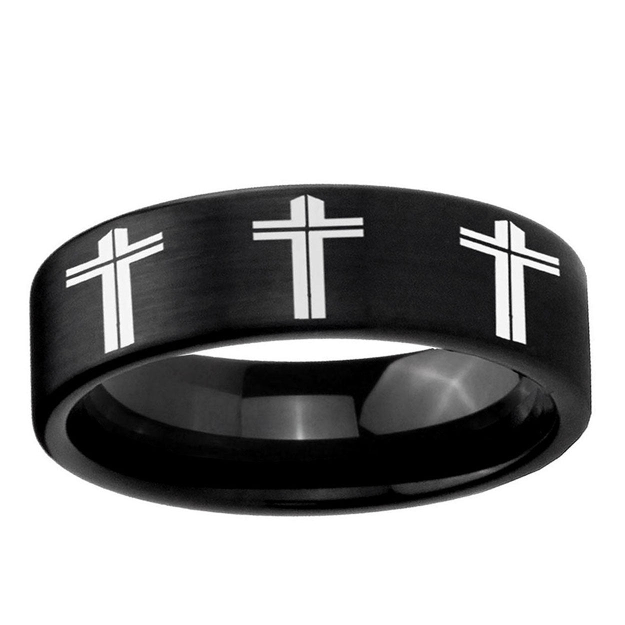 6mm Multiple Christian Cross Pipe Cut Black Tungsten Ring