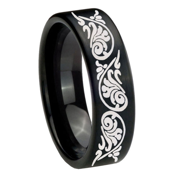 8mm-Etched-Tribal-Pattern-Pipe-Cut-Brush-Black-Tungsten-Men's-Promise-Rings