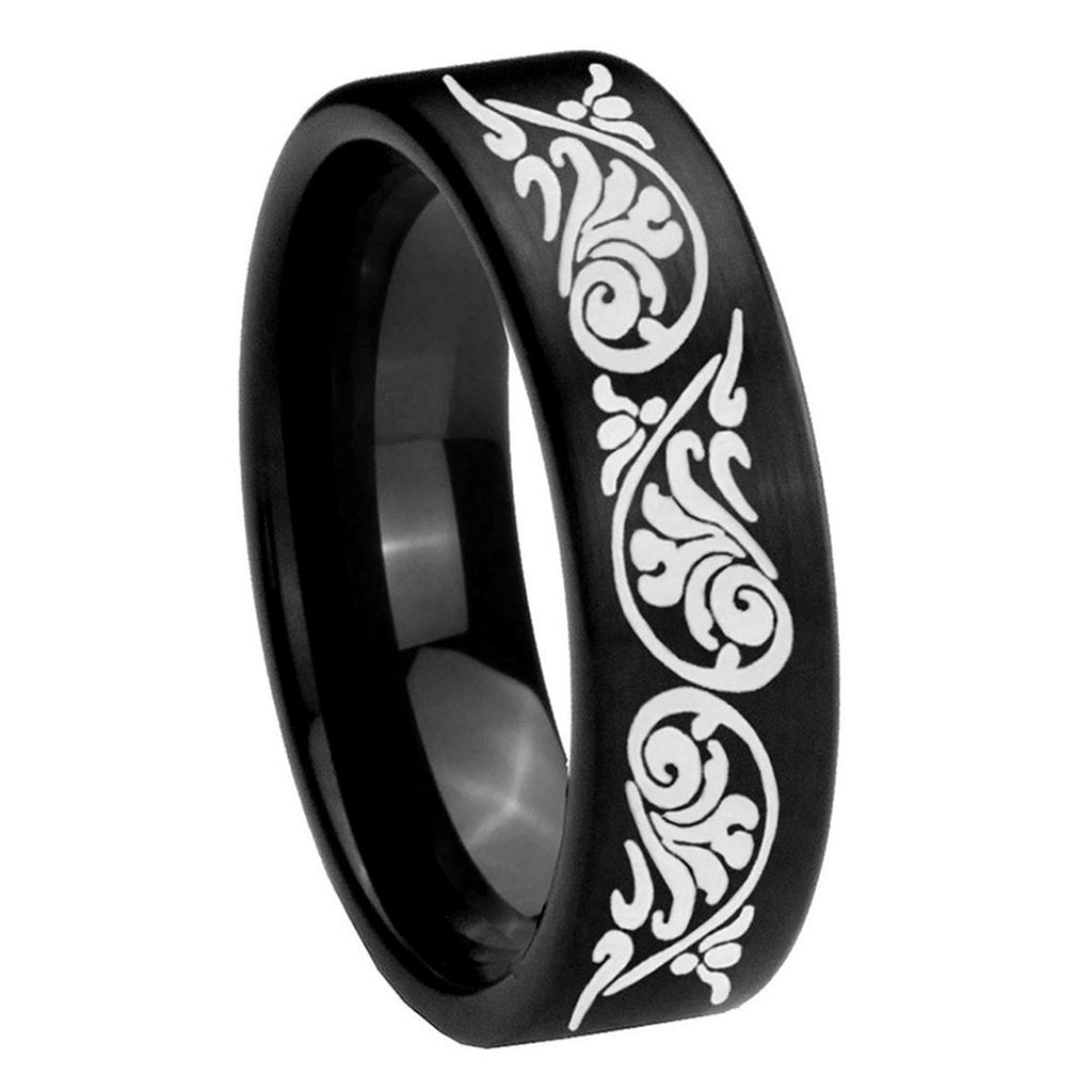 8mm Etched Tribal Pattern Pipe Cut Brush Black Tungsten Ring