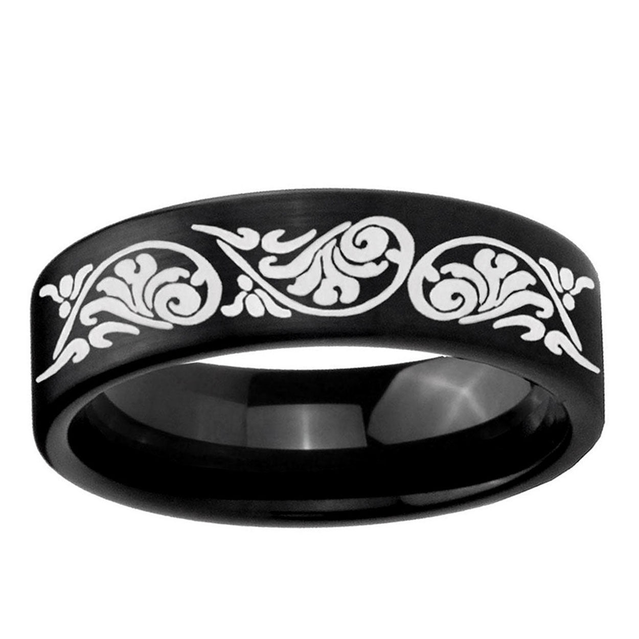 6mm Etched Tribal Pattern Pipe Cut Brush Black Tungsten Ring