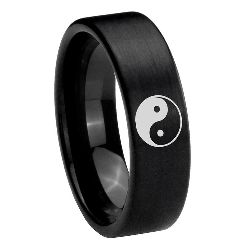 8mm Yin Yang Pipe Cut Brush Black Tungsten Mens Wedding Band