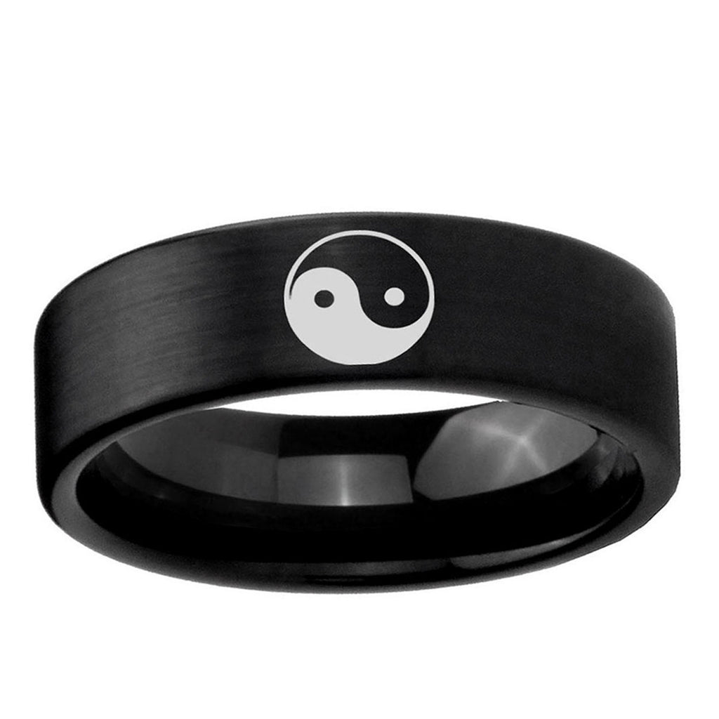 6mm Yin Yang Pipe Cut Brush Black Tungsten Mens Wedding Band