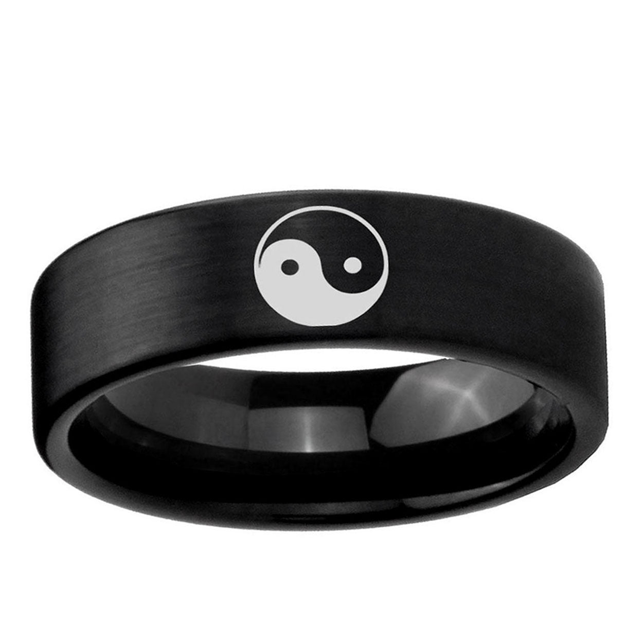 6mm Yin Yang Pipe Cut Brush Black Tungsten Mens Wedding Band