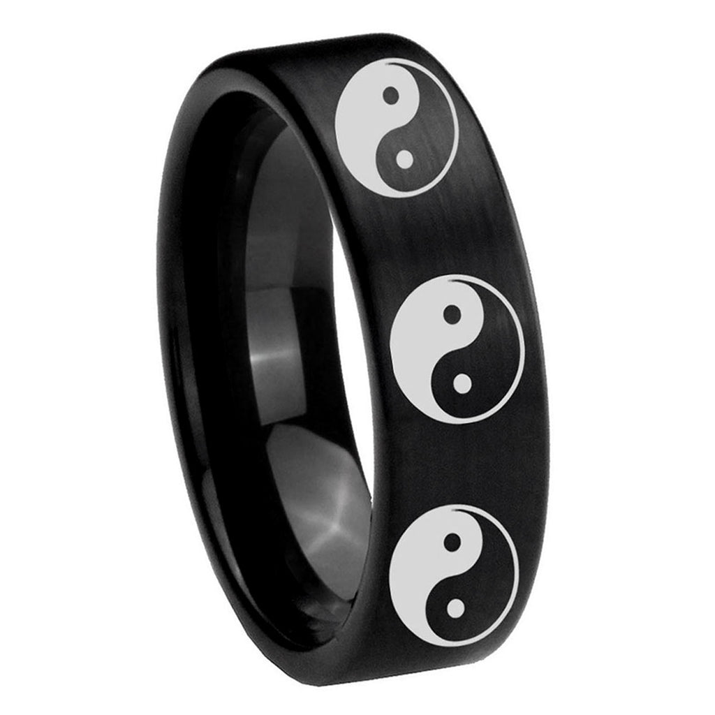 8mm Multiple Yin Yang Pipe Cut Brush Black Tungsten Bands