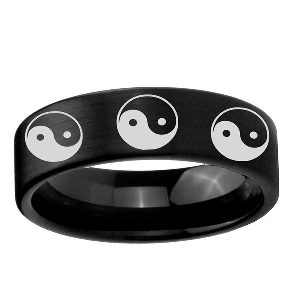 6mm Multiple Yin Yang Pipe Cut Brush Black Tungsten Bands