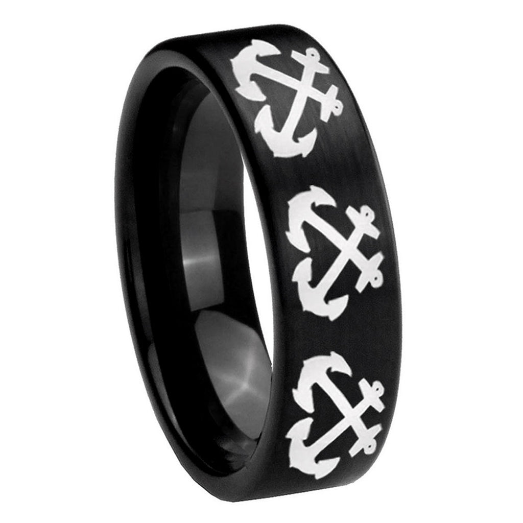 8mm Multiple Anchor Pipe Cut Brush Black Tungsten Ring