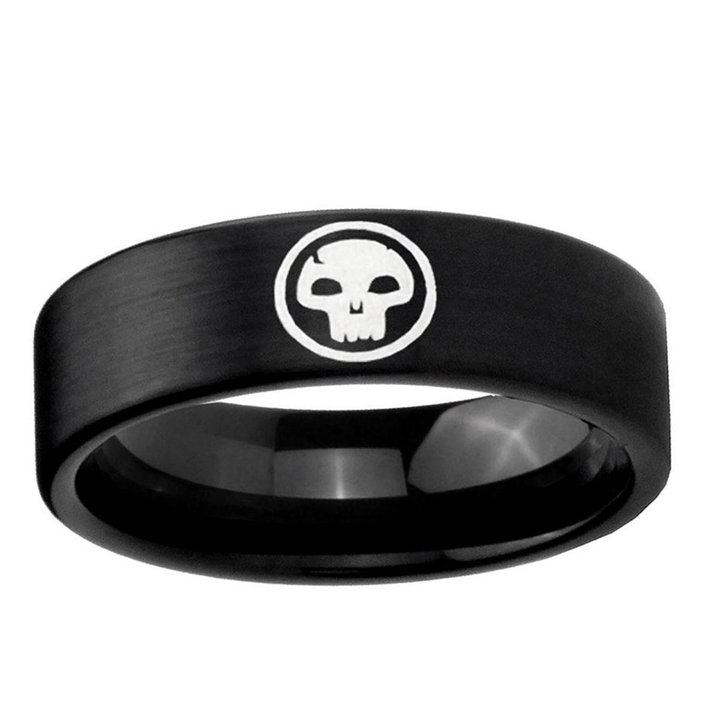 6mm Skull Pipe Cut Brush Black Tungsten Wedding Band Mens