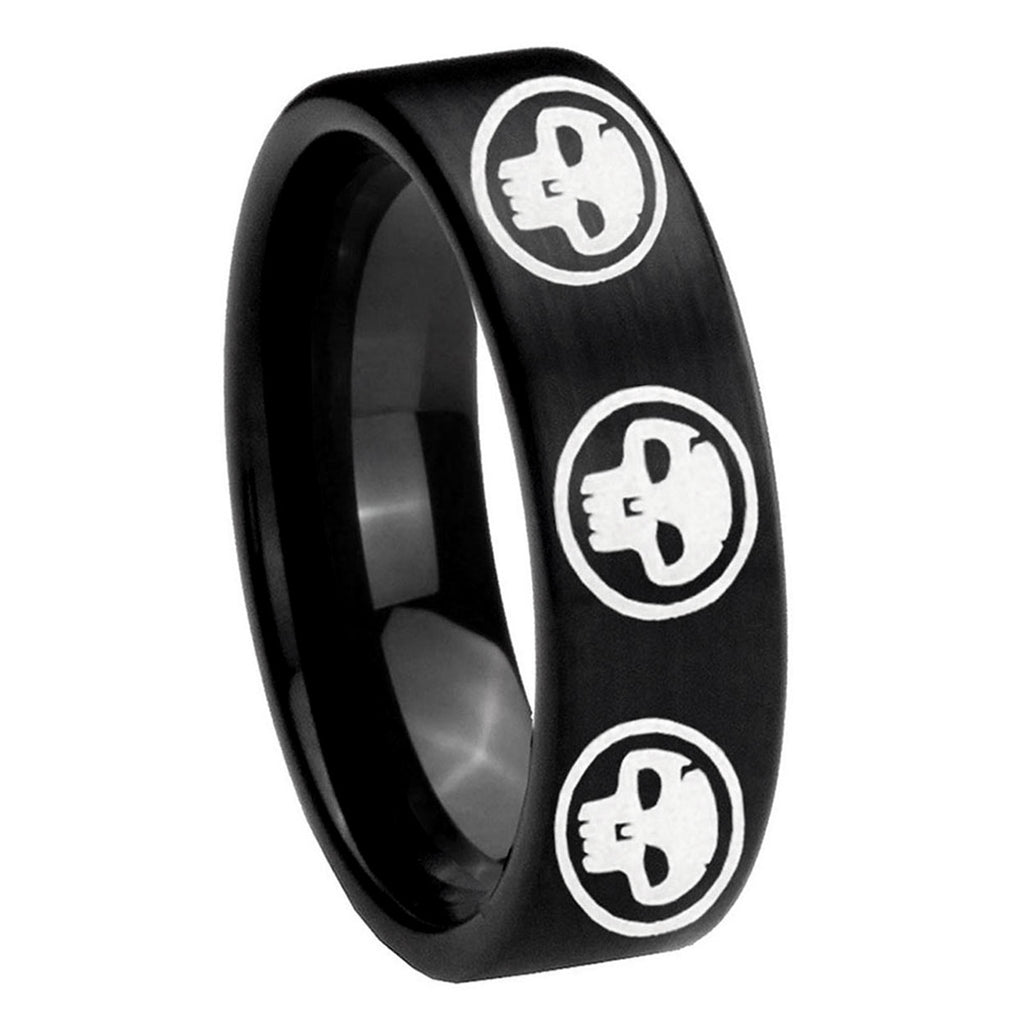 8mm Multiple Skull Pipe Cut Brush Black Tungsten Ring