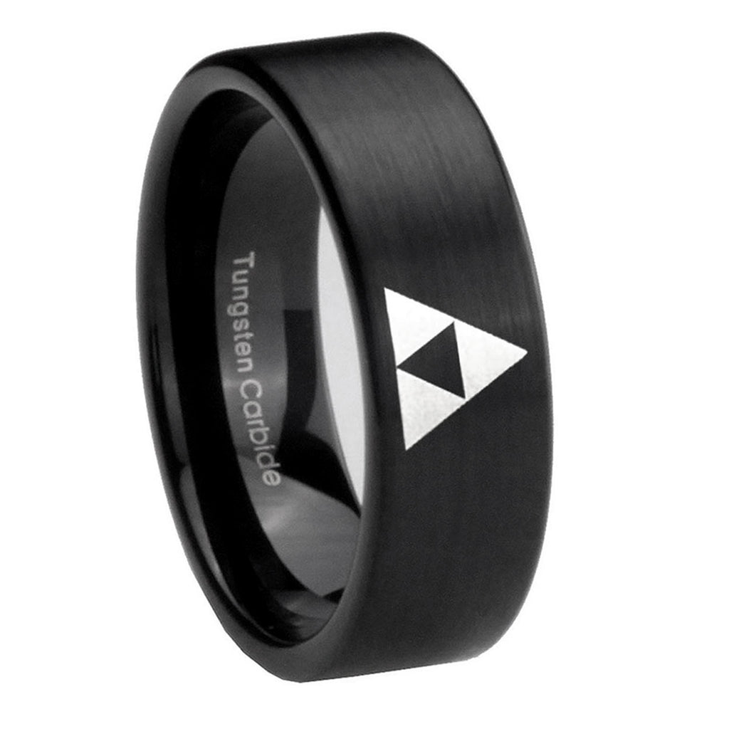8mm Zelda Triforce Pipe Cut Brush Black Tungsten Ring