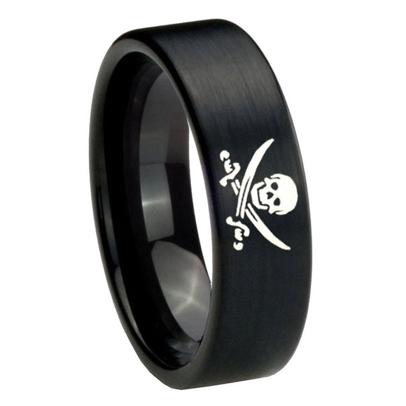 8mm-Skull-Pirate-Pipe-Cut-Brush-Black-Tungsten-Carbide-Mens-Ring-Engraved