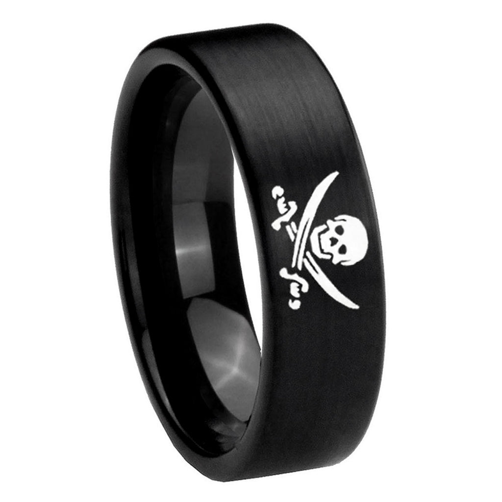 8mm Skull Pirate Pipe Cut Brush Black Tungsten Ring Engraved