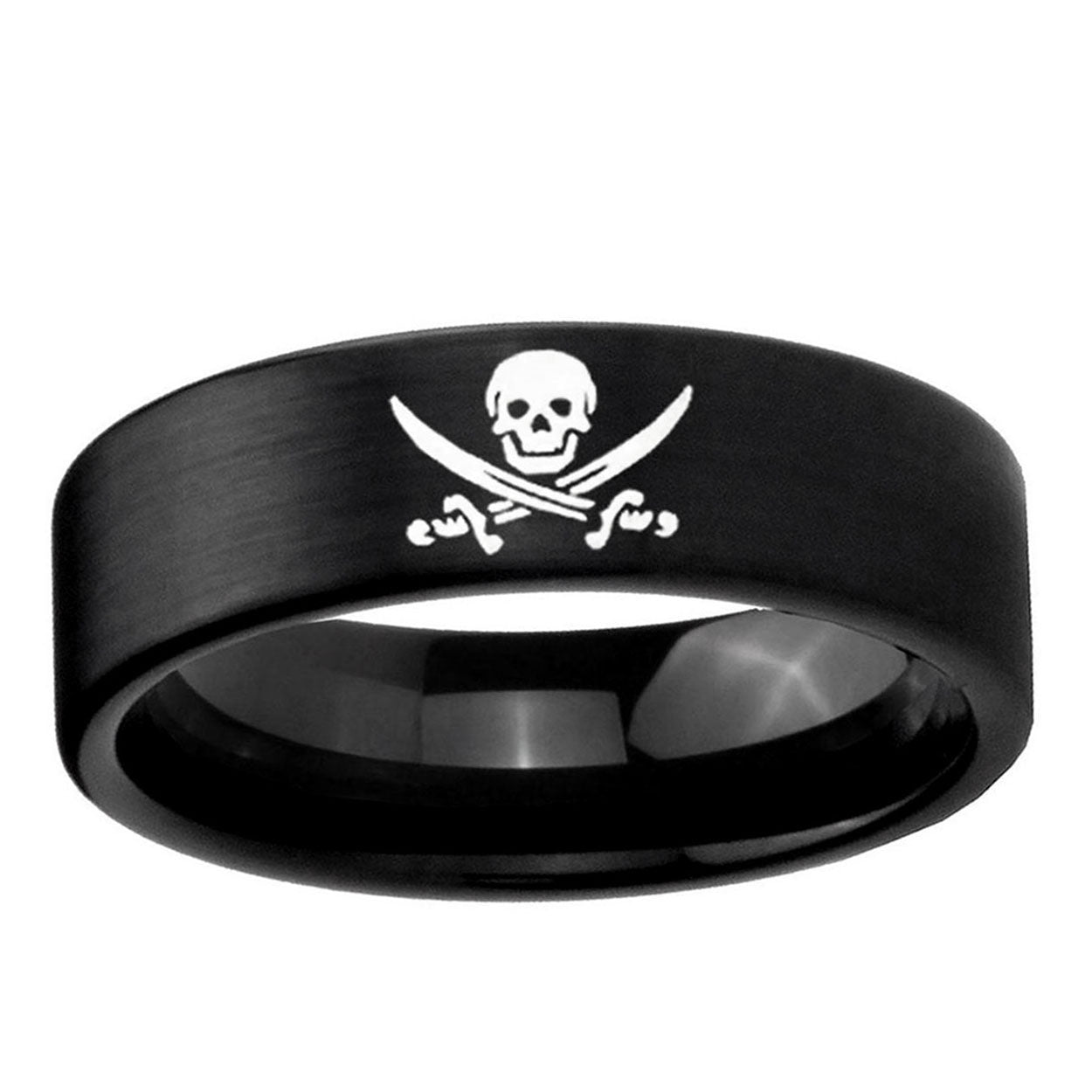 6mm Skull Pirate Pipe Cut Brush Black Tungsten Ring Engraved