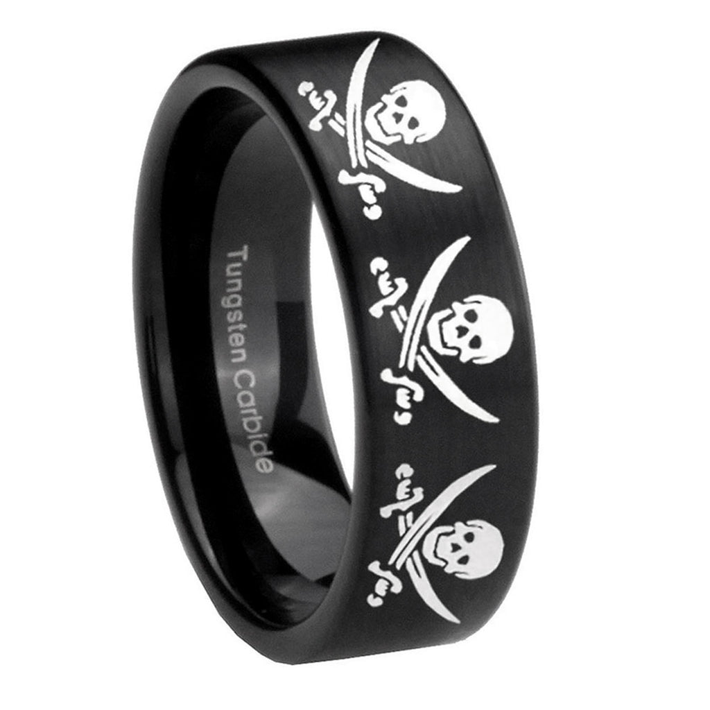 8mm Multiple Skull Pirate Pipe Cut Brush Black Tungsten Ring