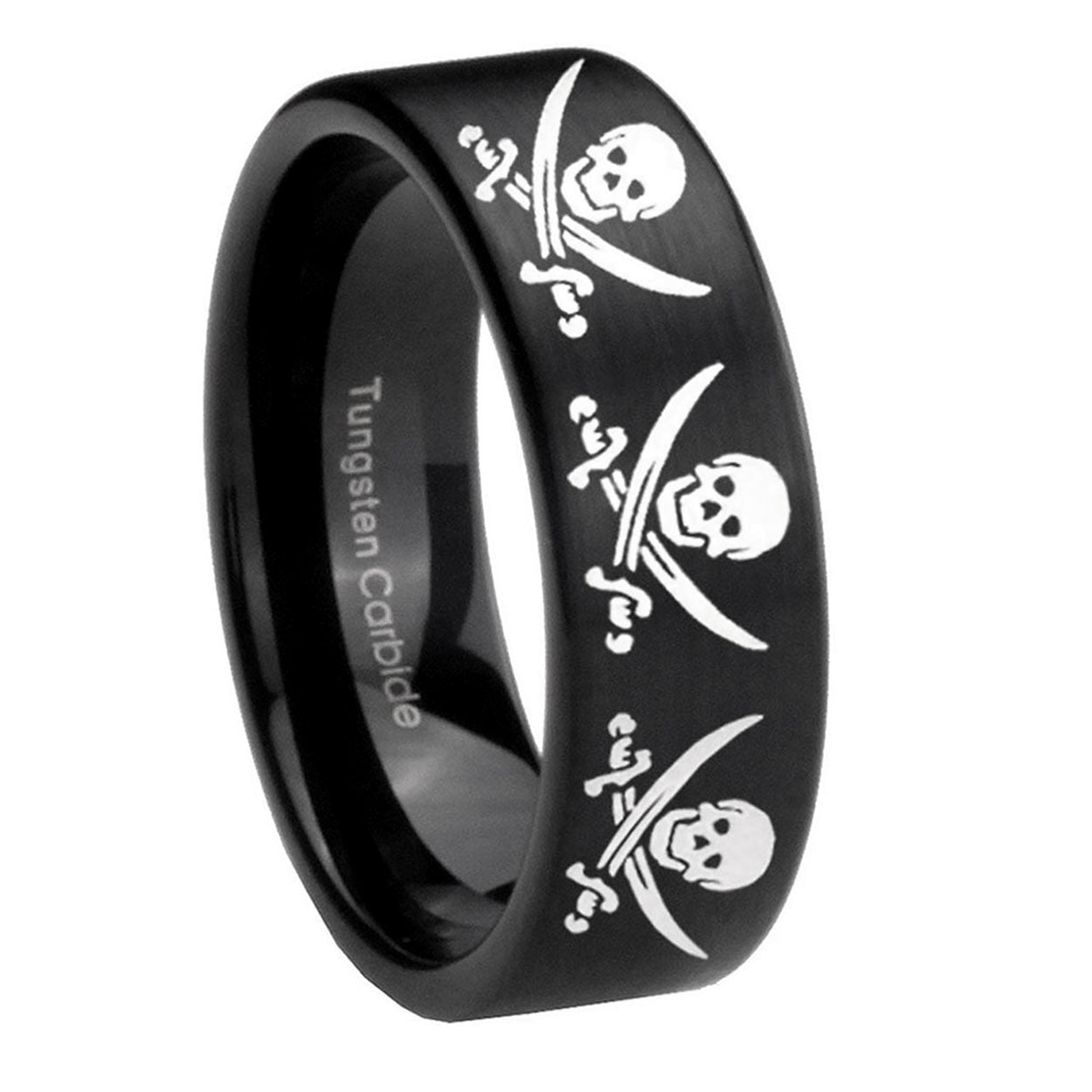 8mm Multiple Skull Pirate Pipe Cut Brush Black Tungsten Ring