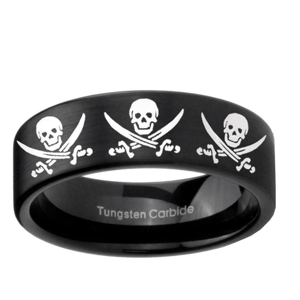 6mm Multiple Skull Pirate Pipe Cut Brush Black Tungsten Ring