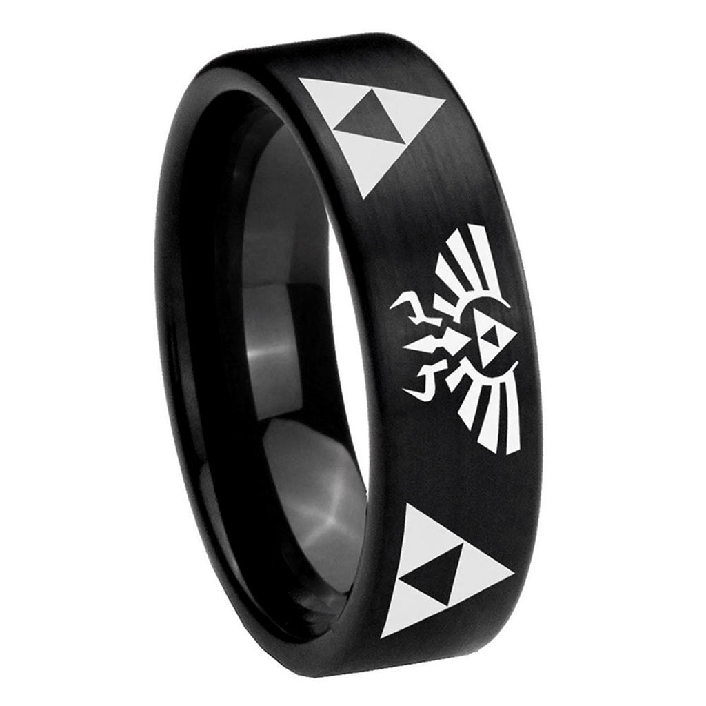 8mm Legend of Zelda Pipe Cut Brush Black Tungsten Bands Ring