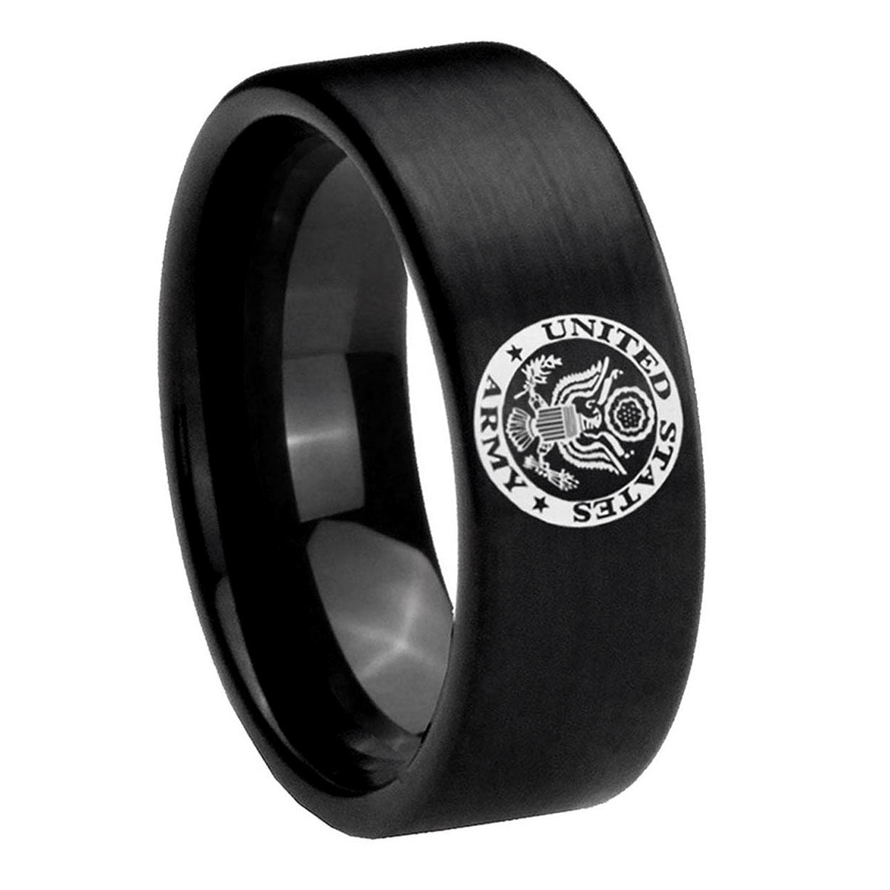 8mm U.S. Army Pipe Cut Brush Black Tungsten Ring for Men