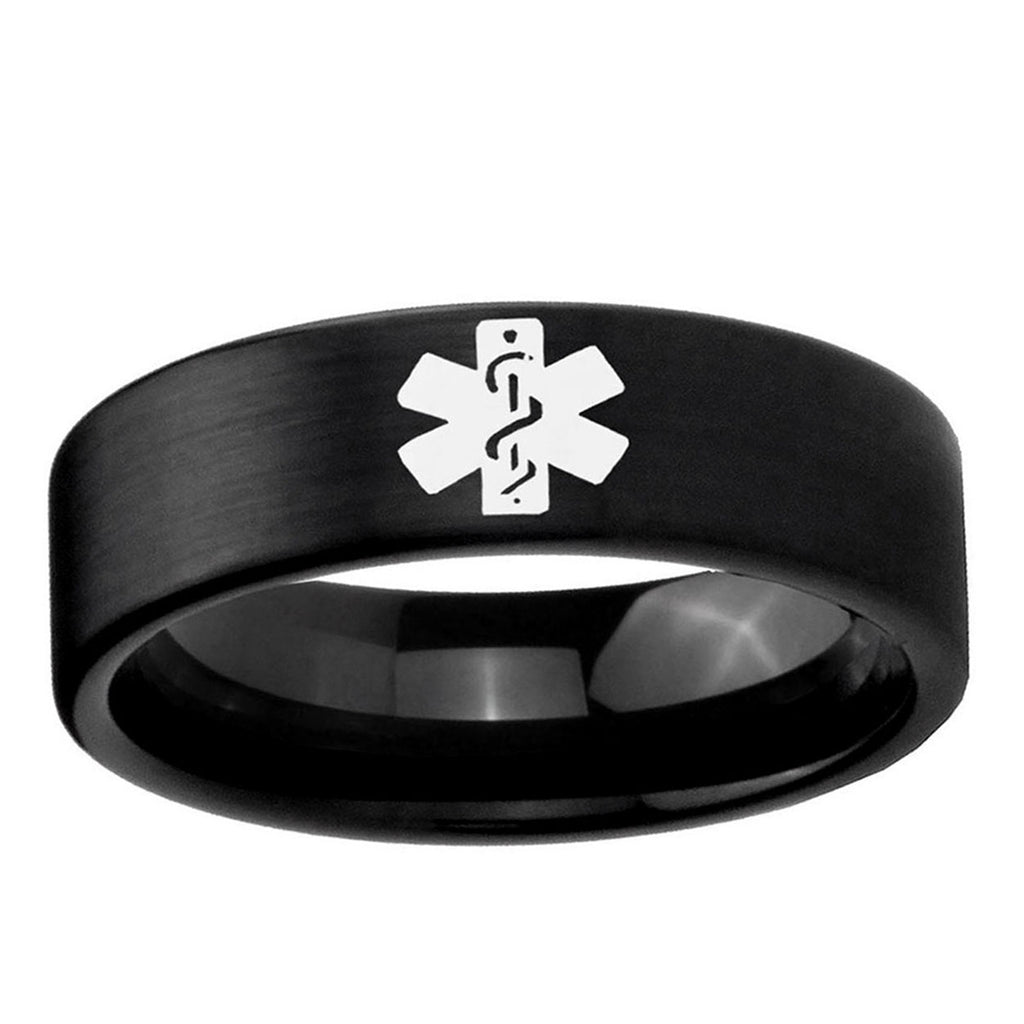 6mm Medical Alert Pipe Cut Brush Black Tungsten Ring