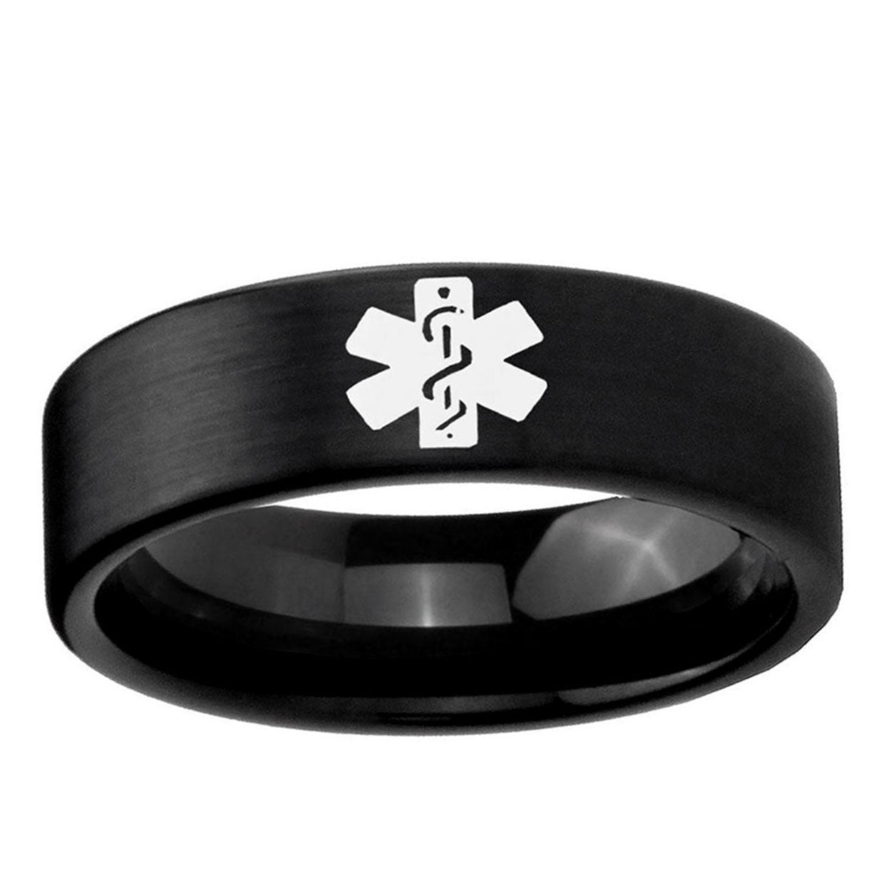 6mm Medical Alert Pipe Cut Brush Black Tungsten Ring