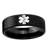 6, 8mm Medical Alert Pipe Cut Brush Black Tungsten Carbide Mens Engagement Ring