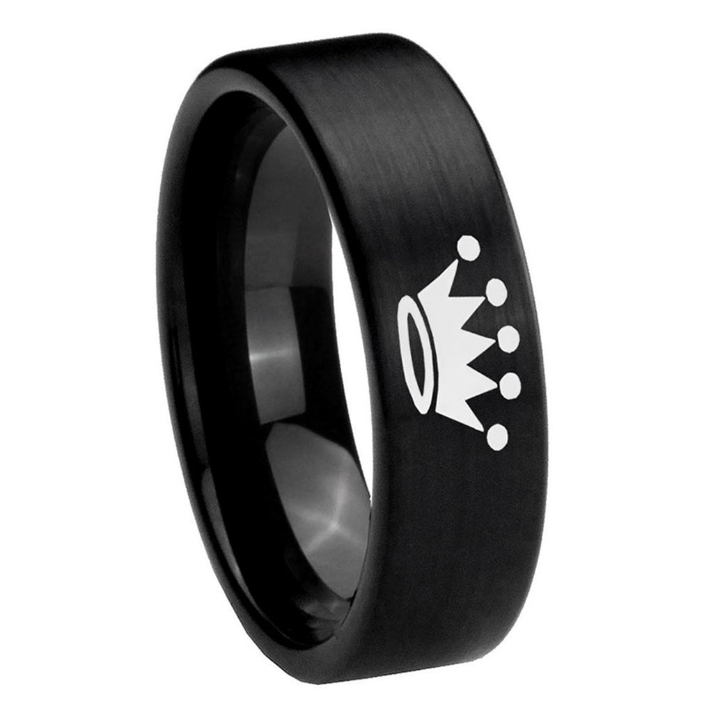 8mm Crown Pipe Cut Brush Black Tungsten Mens Ring Engraved
