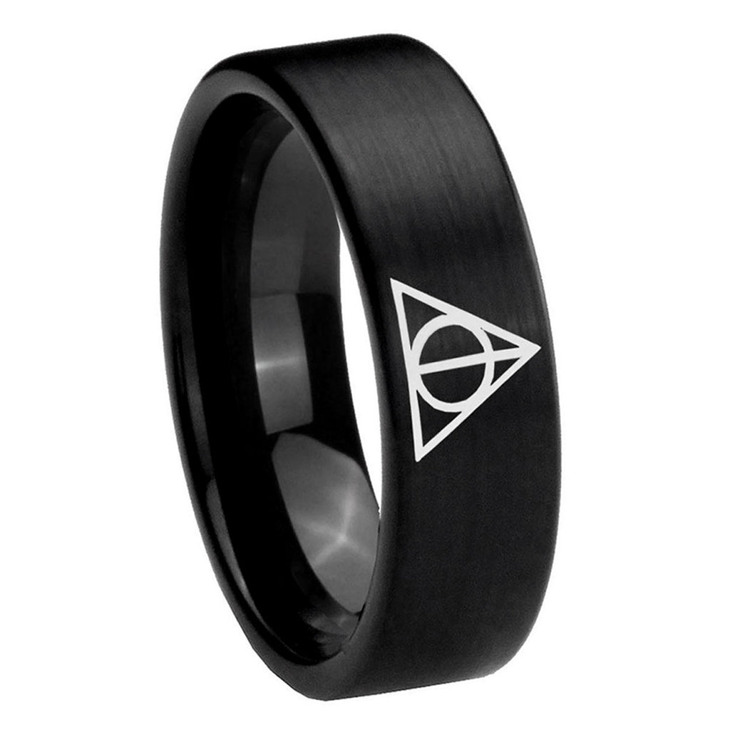 8mm Deathly Hallows Pipe Cut Brush Black Tungsten Men Bands