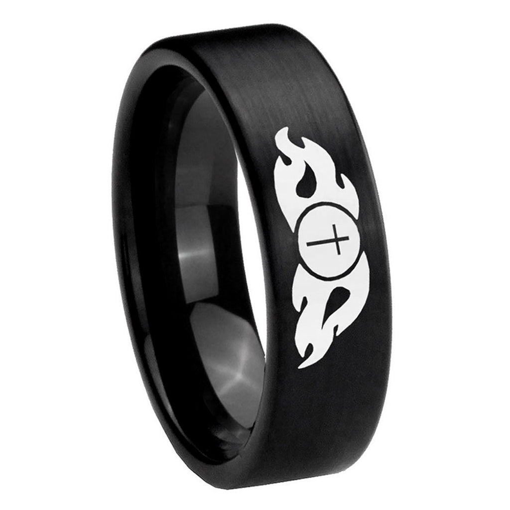 8mm Flamed Cross Pipe Cut Brush Black Tungsten Men Bands