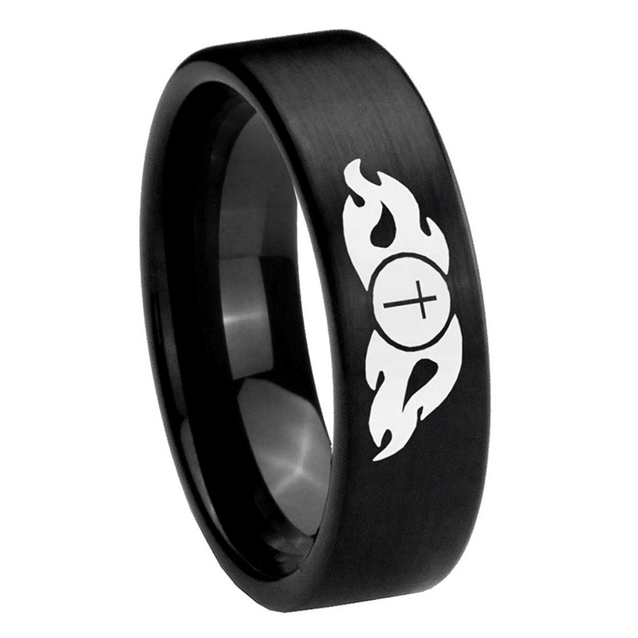8mm Flamed Cross Pipe Cut Brush Black Tungsten Men Bands
