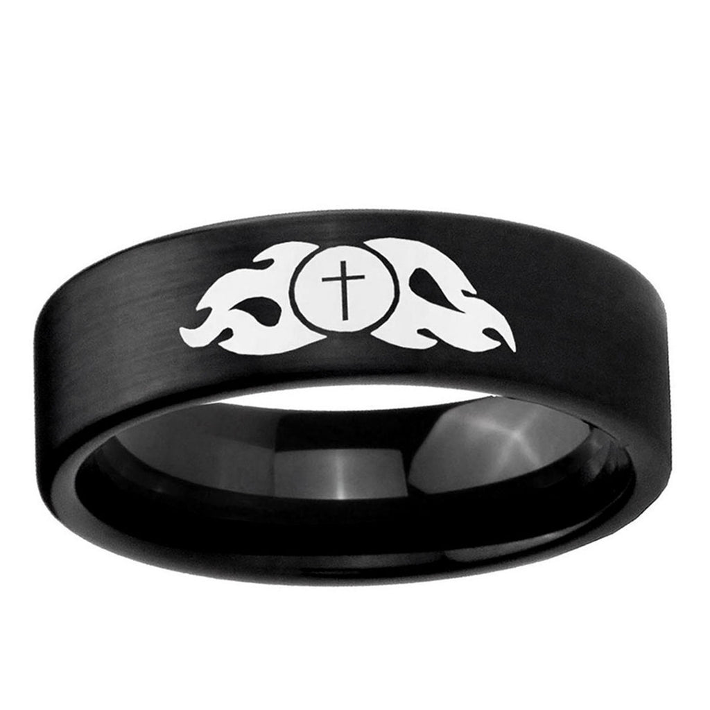 6mm Flamed Cross Pipe Cut Brush Black Tungsten Men Bands
