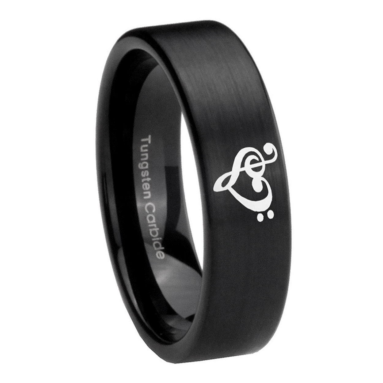 8mm Music & Heart Pipe Cut Brush Black Tungsten Ring