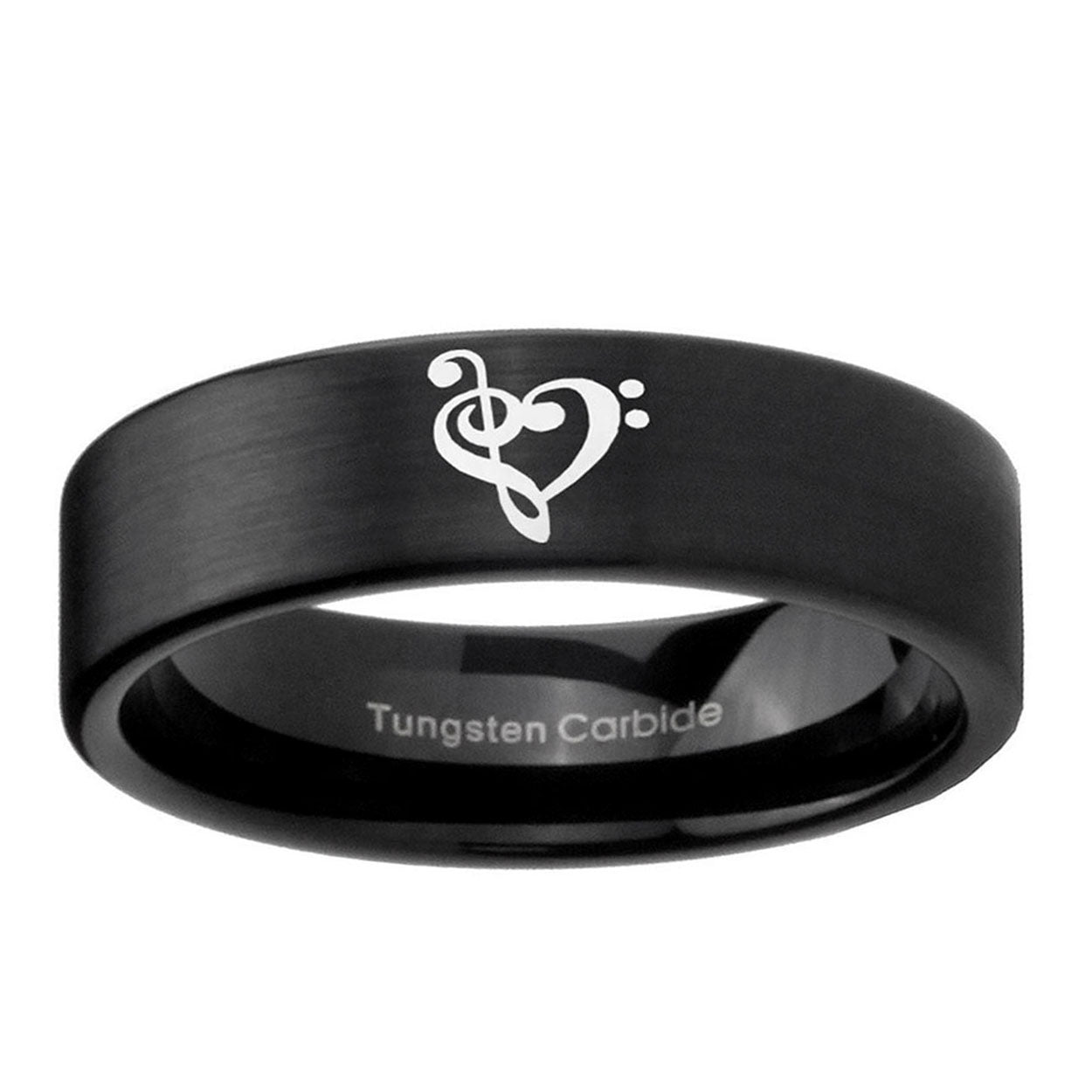 6mm Music & Heart Pipe Cut Brush Black Tungsten Ring