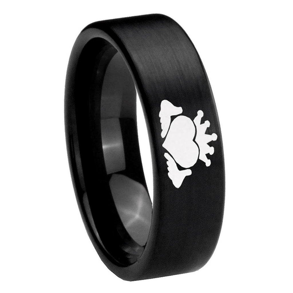 8mm Claddagh Design Pipe Cut Brush Black Tungsten Ring