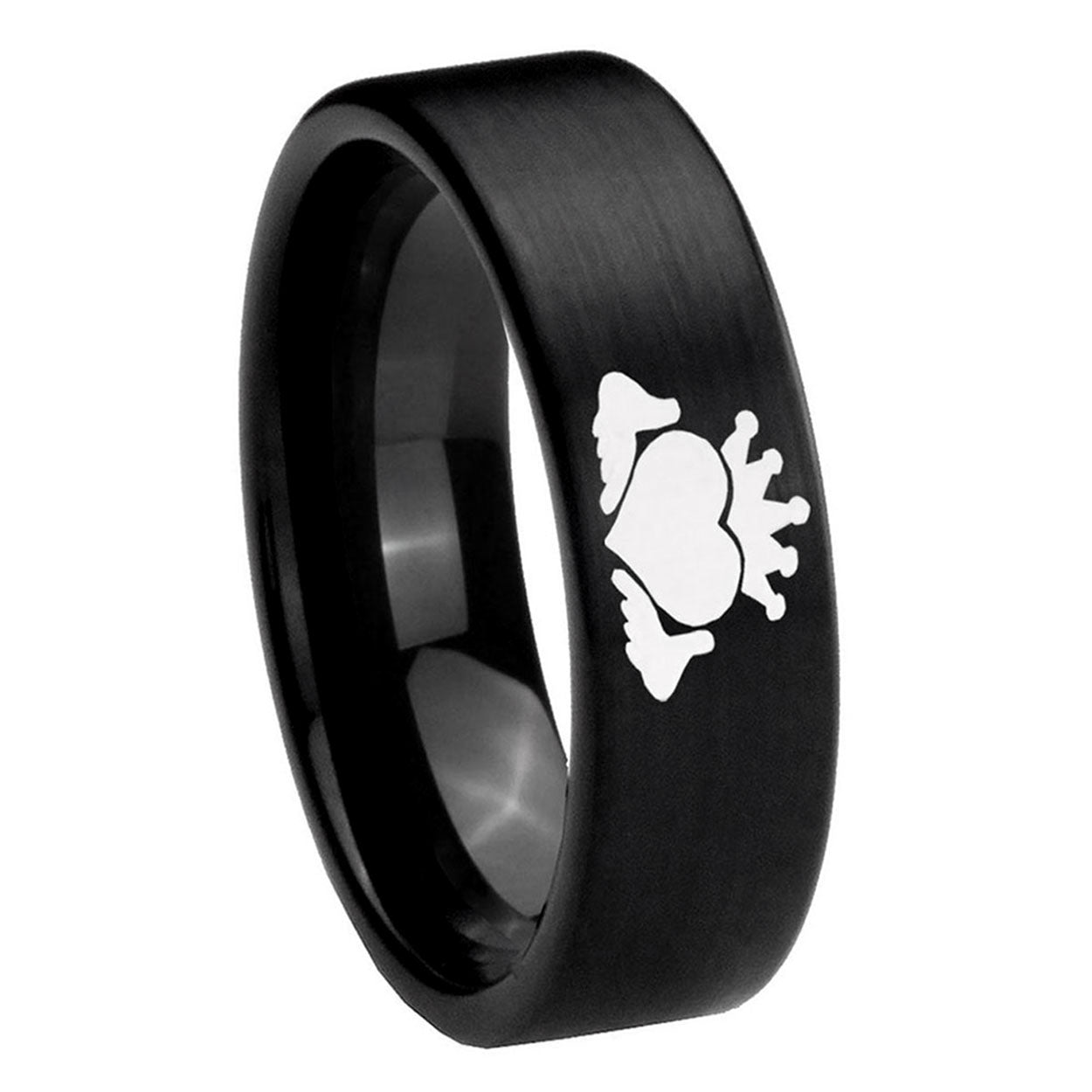 8mm Claddagh Design Pipe Cut Brush Black Tungsten Ring