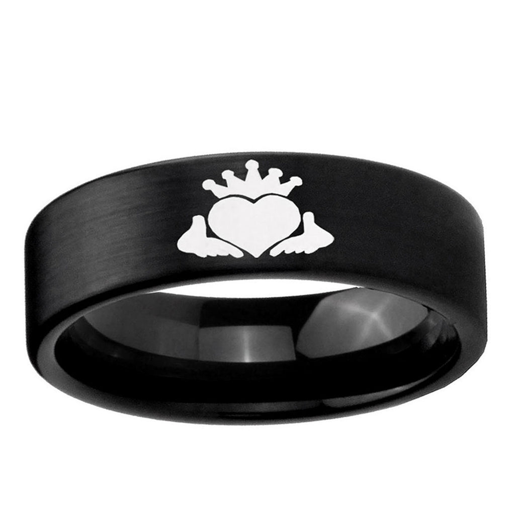 6mm Claddagh Design Pipe Cut Brush Black Tungsten Ring